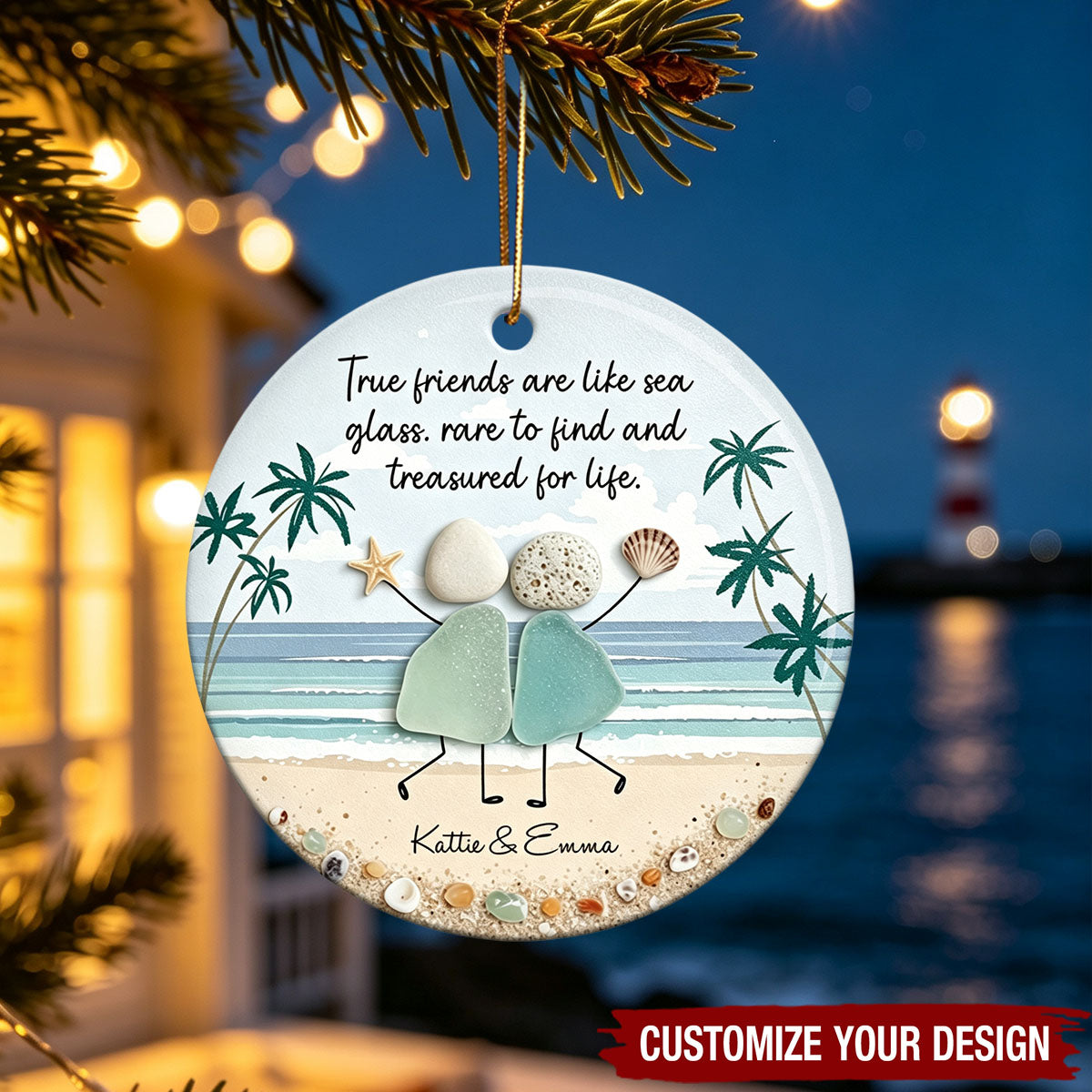 Custom Sea Glass Coastal Friendship Gift for Besties - Personalized Ceramic Christmas Ornament