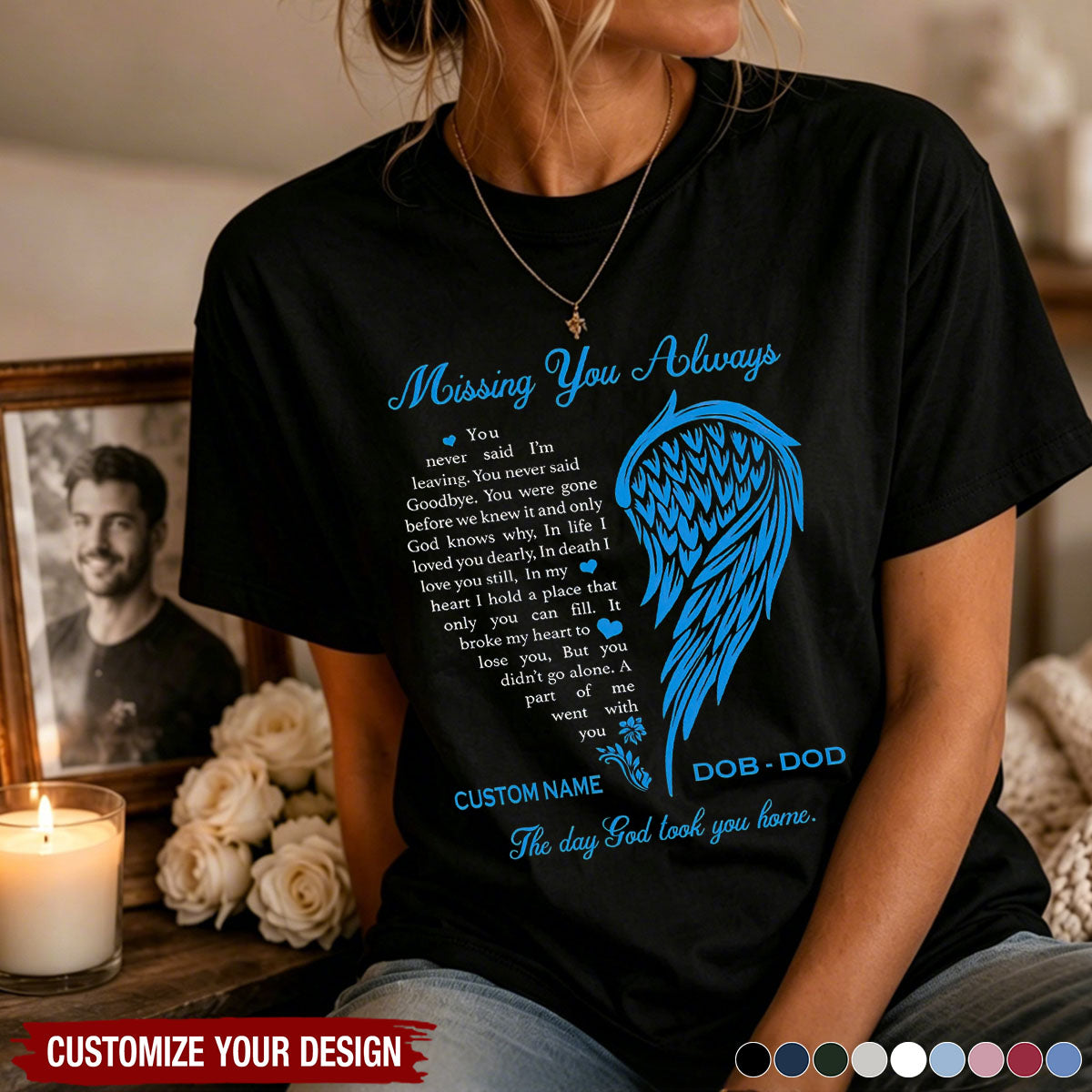Missing You Always Custom Name Date Angel Wing Tee - Personalized Memorial T-Shirt