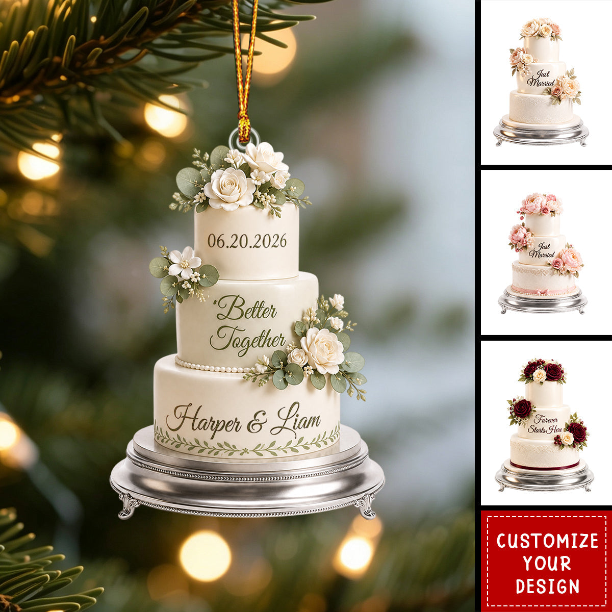 Custom 2026 First Christmas Married Ornament, Mr & Mrs Wedding Cake Newlywed Keepsake