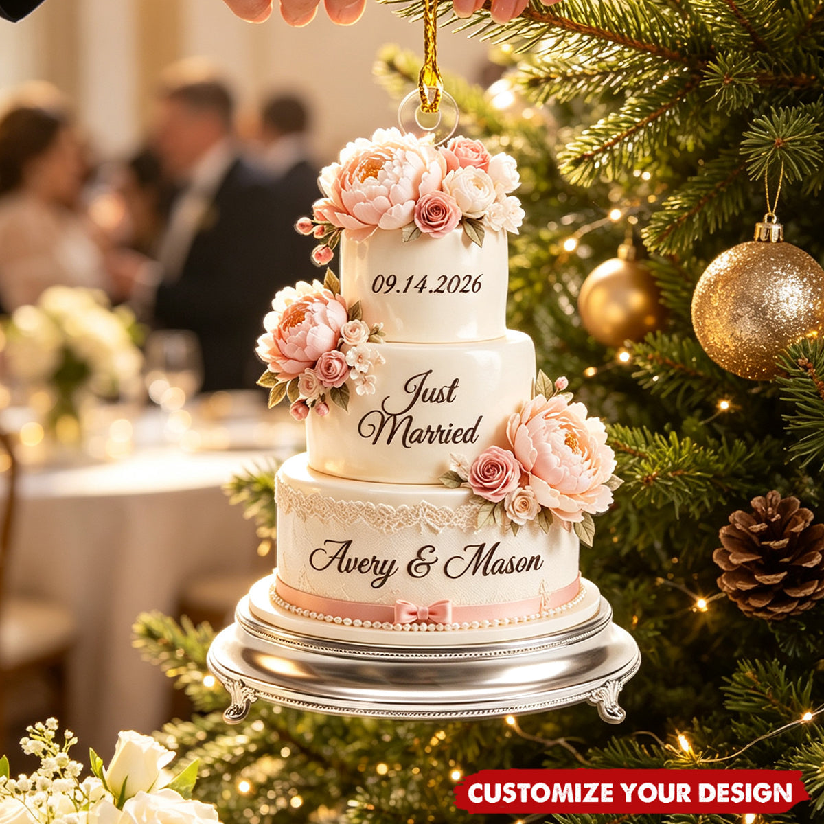 Custom 2026 First Christmas Married Ornament, Mr & Mrs Wedding Cake Newlywed Keepsake