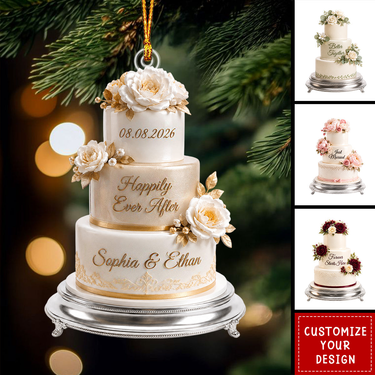 Custom 2026 First Christmas Married Ornament, Mr & Mrs Wedding Cake Newlywed Keepsake