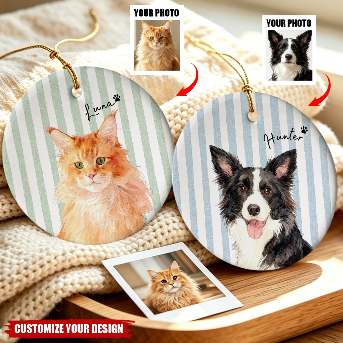 Custom Pet Photo Name Striped Circle Keepsake - Personalized Ceramic Pet Ornament