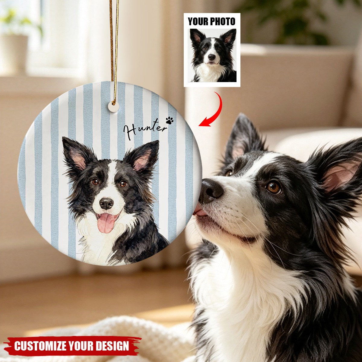 Custom Pet Photo Name Striped Circle Keepsake - Personalized Ceramic Pet Ornament