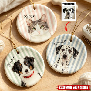 Custom Pet Photo Name Striped Circle Keepsake - Personalized Ceramic Pet Ornament