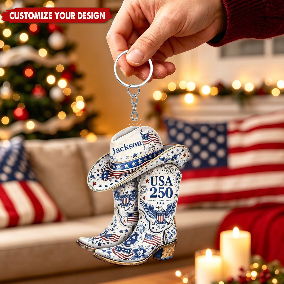 Custom Patriotic Cowboy Boot Keychain, USA 250 4th of July Gift - Personalized Acrylic Keychain