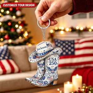 Custom Patriotic Cowboy Boot Keychain, USA 250 4th of July Gift - Personalized Acrylic Keychain