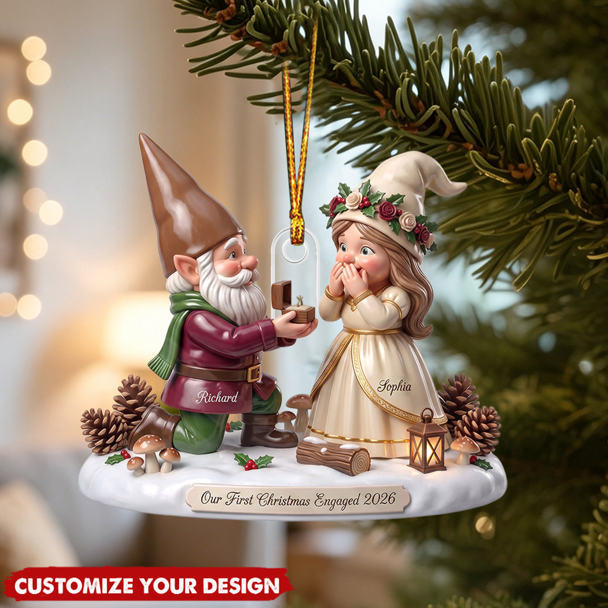 Custom Gnome Couple First Christmas Engaged 2026 Gift - Personalized Acrylic Ornament