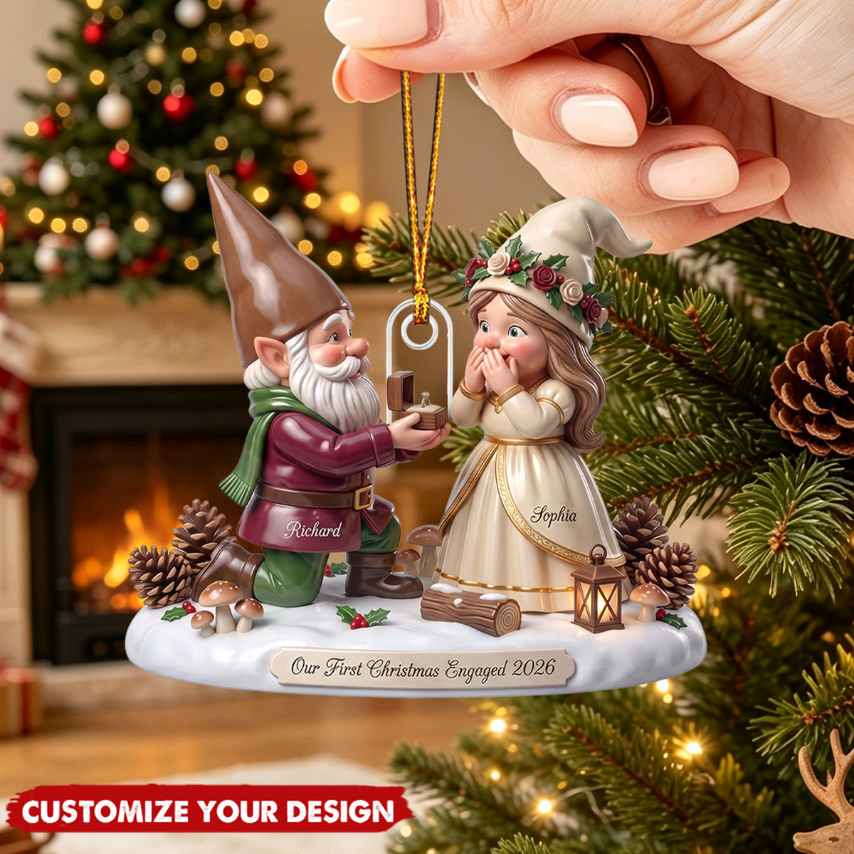 Custom Gnome Couple First Christmas Engaged 2026 Gift - Personalized Acrylic Ornament