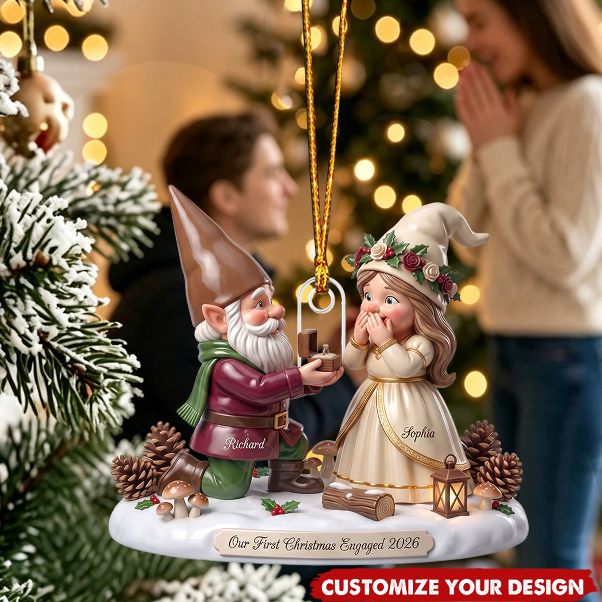 Custom Gnome Couple First Christmas Engaged 2026 Gift - Personalized Acrylic Ornament