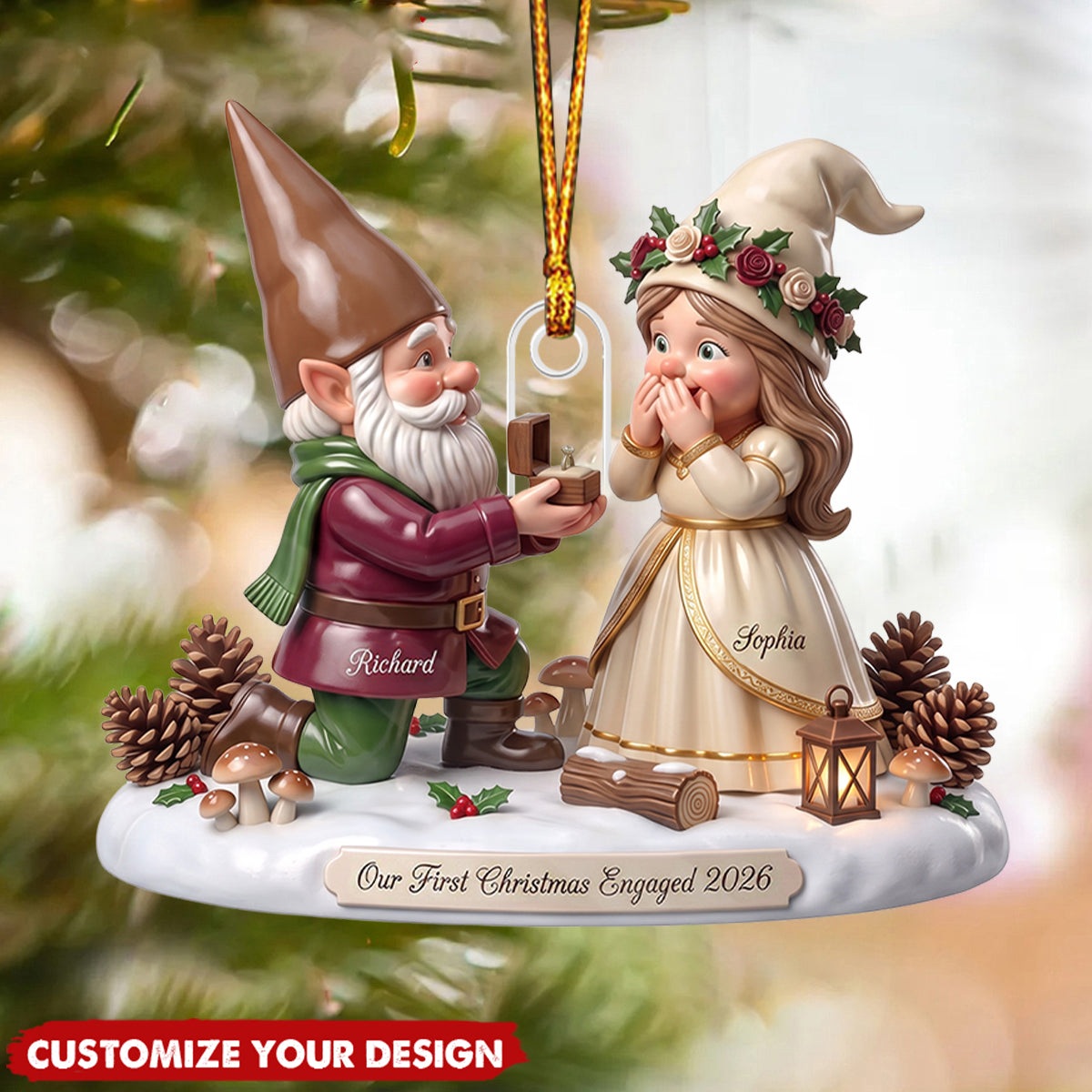 Custom Gnome Couple First Christmas Engaged 2026 Gift - Personalized Acrylic Ornament