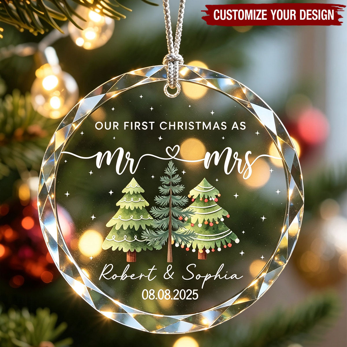 Our First Christmas As Mr & Mrs Glass Ornament, Custom Name, Newlywed Couple Family Gift