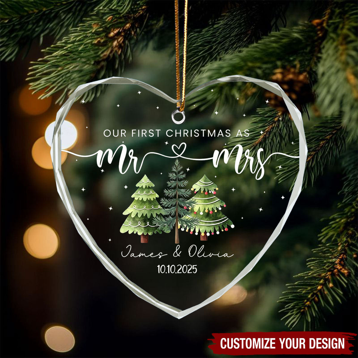 Our First Christmas As Mr & Mrs Glass Ornament, Custom Name, Newlywed Couple Family Gift