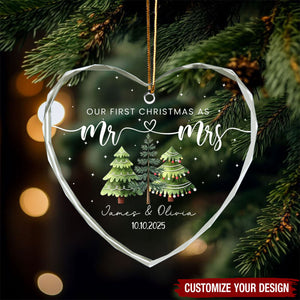 Our First Christmas As Mr & Mrs Glass Ornament, Custom Name, Newlywed Couple Family Gift