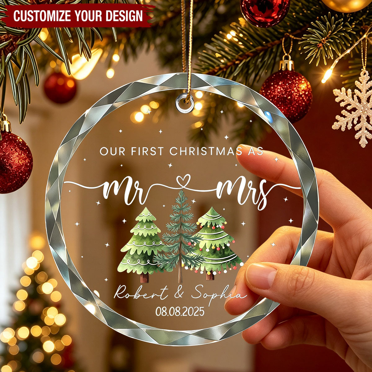 Our First Christmas As Mr & Mrs Glass Ornament, Custom Name, Newlywed Couple Family Gift
