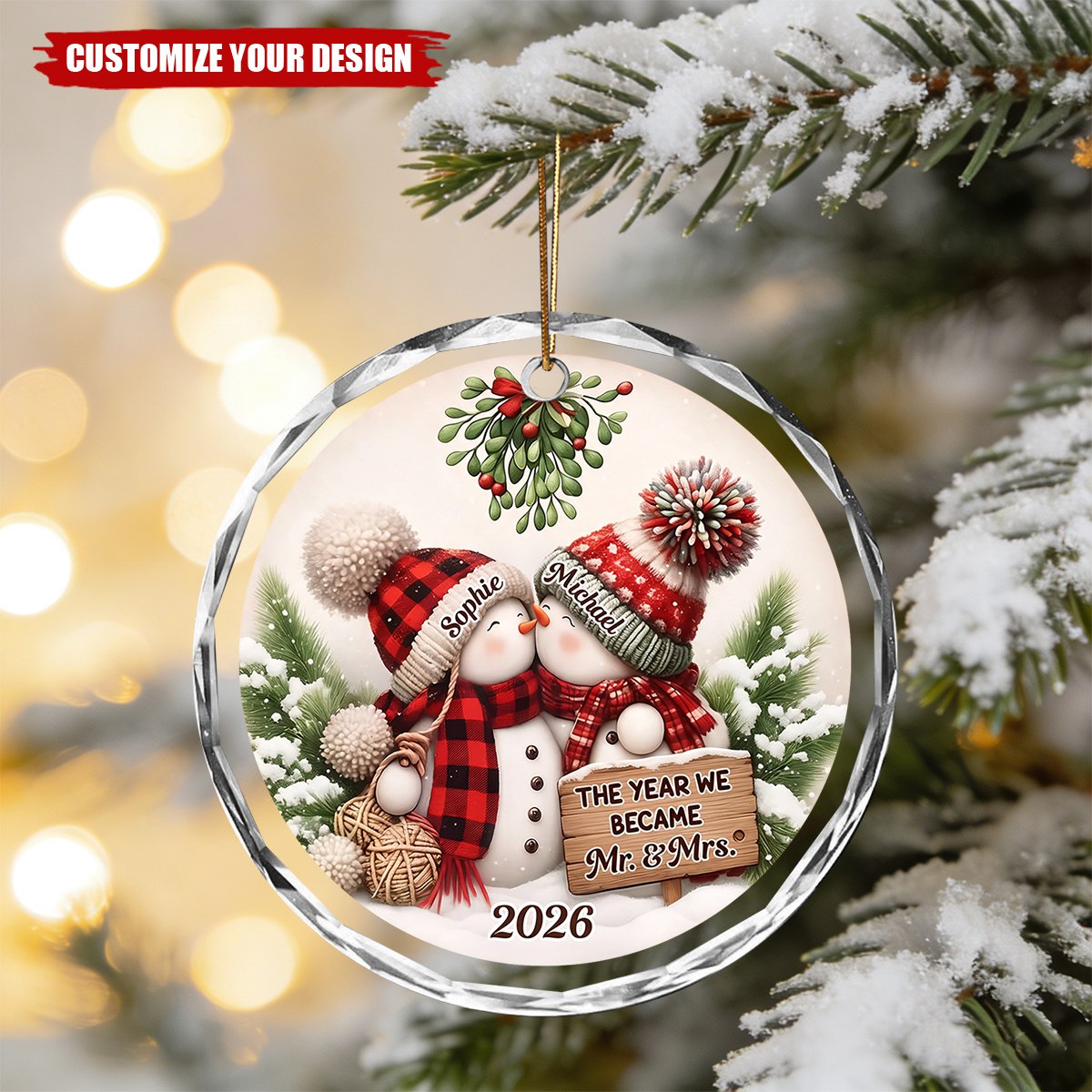 Kissing Snowman Couple Christmas - Personalized Glass Ornament
