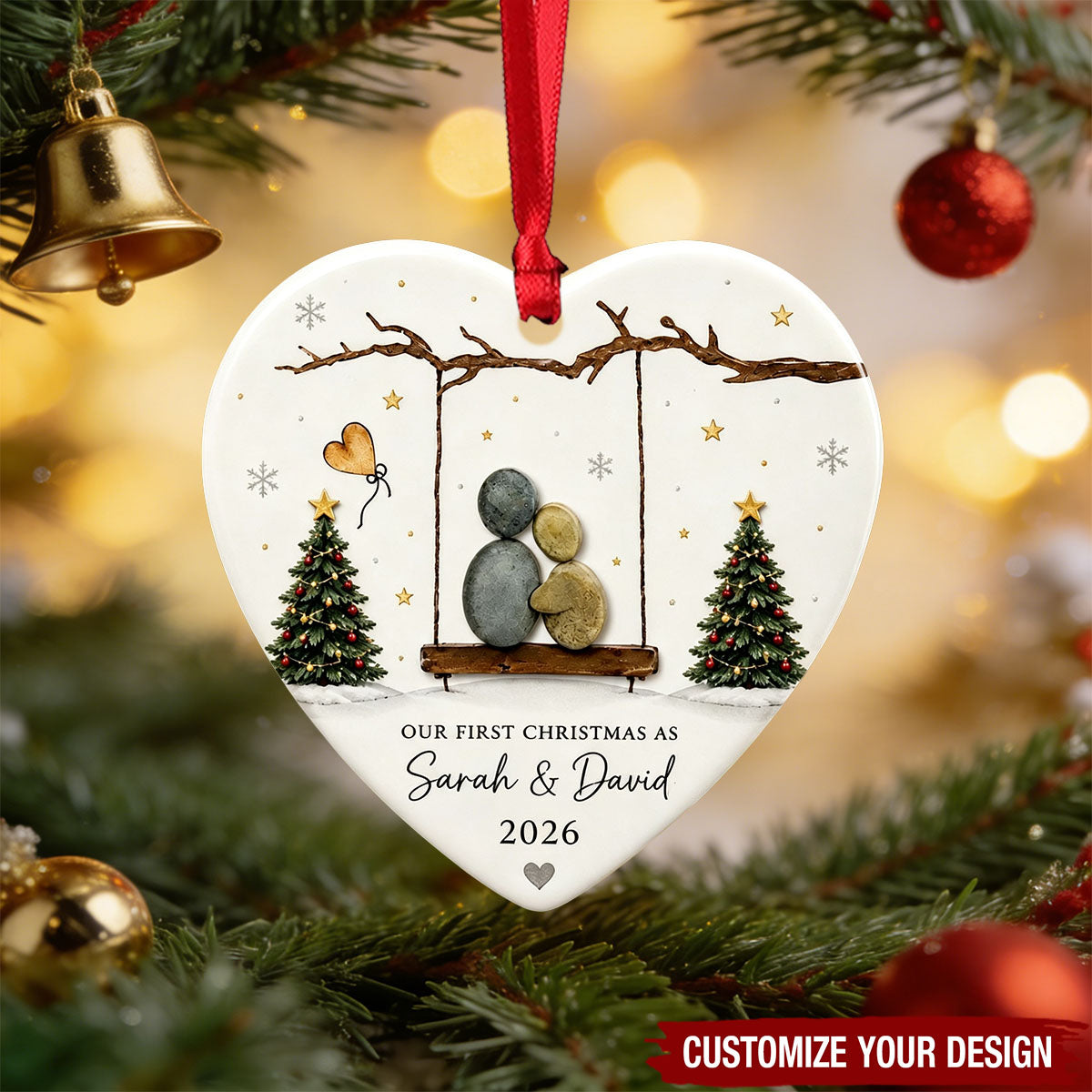 Custom Couple Heart Ceramic Ornament, First Christmas Newlywed Keepsake Tree Gift
