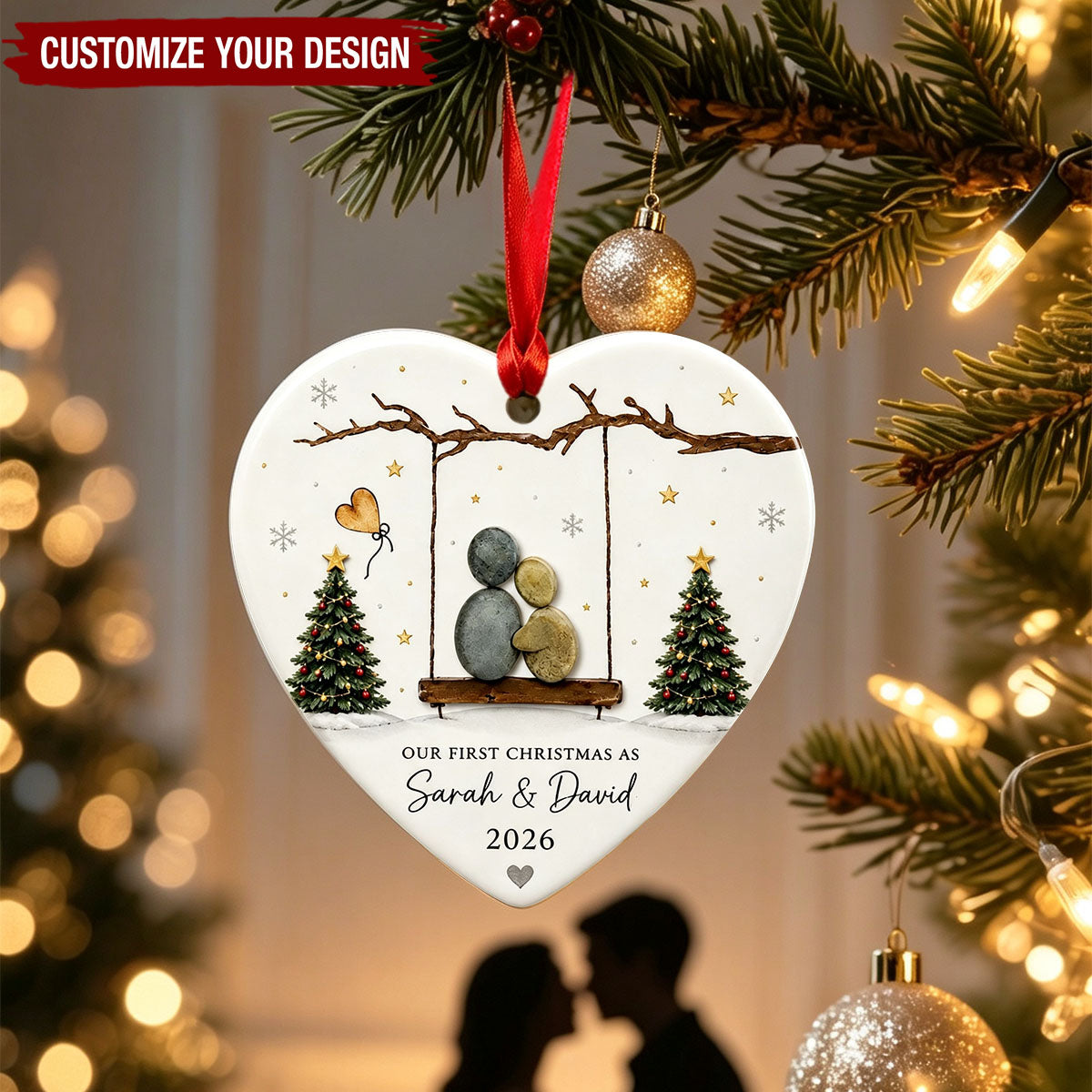 Custom Couple Heart Ceramic Ornament, First Christmas Newlywed Keepsake Tree Gift