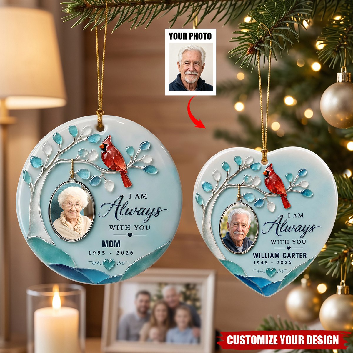 Personalized Cardinal Memorial Ceramic Ornament, Custom Photo Sympathy Keepsake Gift