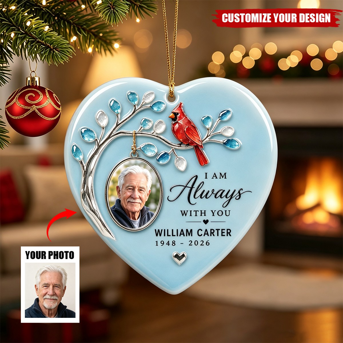 Personalized Cardinal Memorial Ceramic Ornament, Custom Photo Sympathy Keepsake Gift