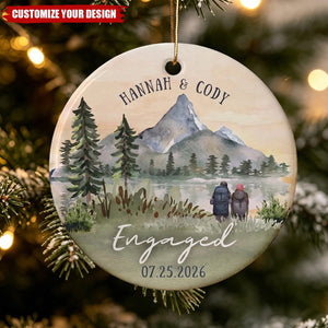 Personalized Mountain Engagement Ceramic Ornament, Custom Names Date Engaged Couple Keepsake