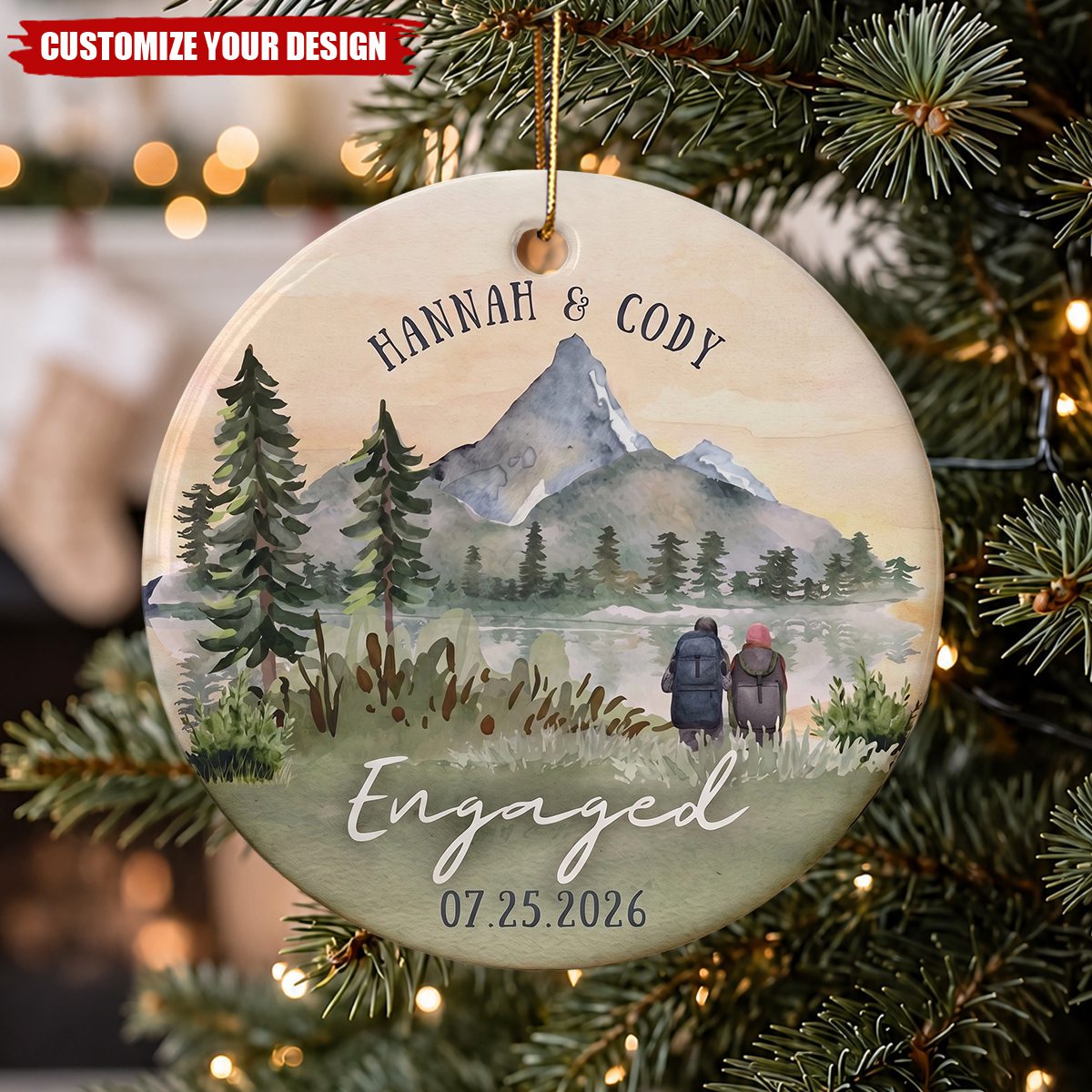 Personalized Mountain Engagement Ceramic Ornament, Custom Names Date Engaged Couple Keepsake