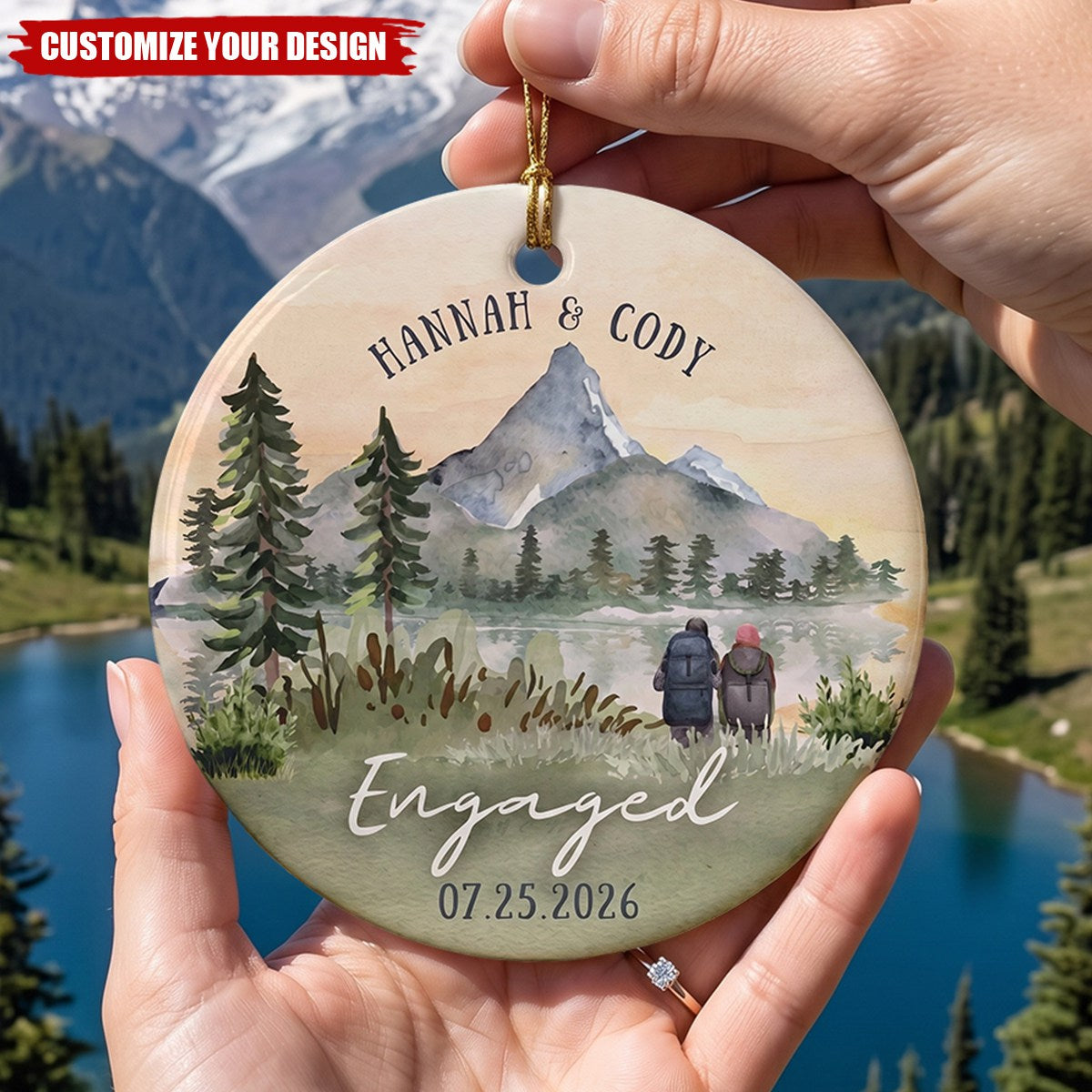 Personalized Mountain Engagement Ceramic Ornament, Custom Names Date Engaged Couple Keepsake
