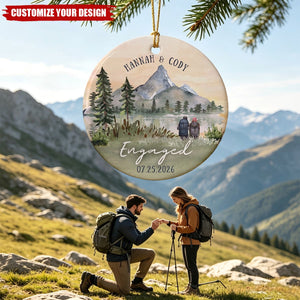 Personalized Mountain Engagement Ceramic Ornament, Custom Names Date Engaged Couple Keepsake