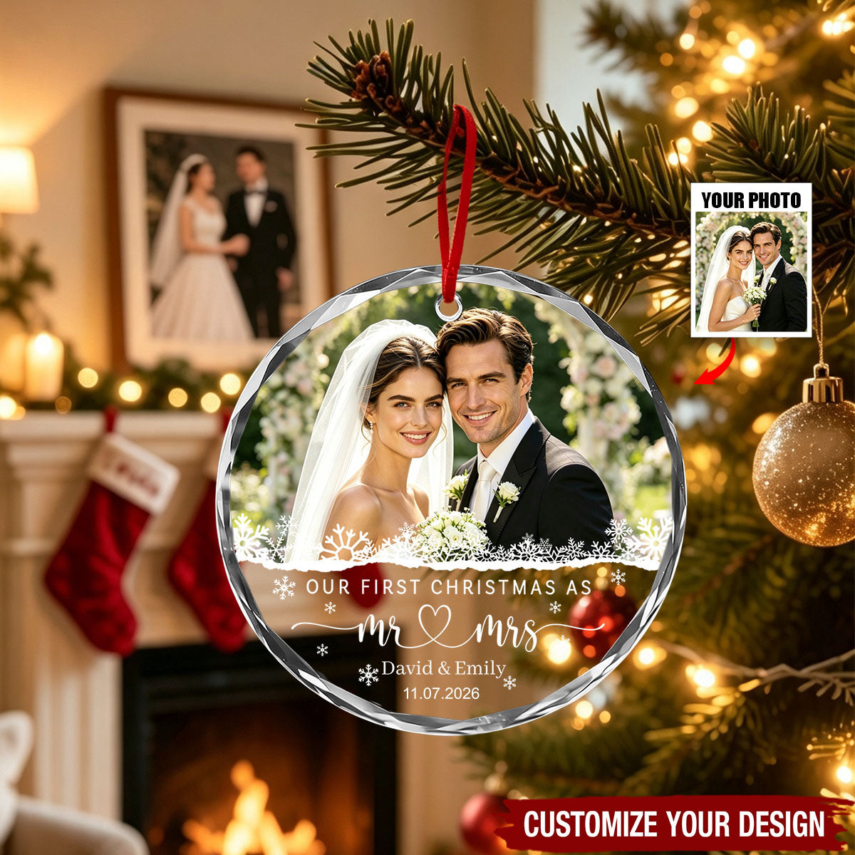Our First Christmas As Mr & Mrs Custom Photo Ornament - Personalized Glass Ornament