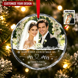 Our First Christmas As Mr & Mrs Custom Photo Ornament - Personalized Glass Ornament