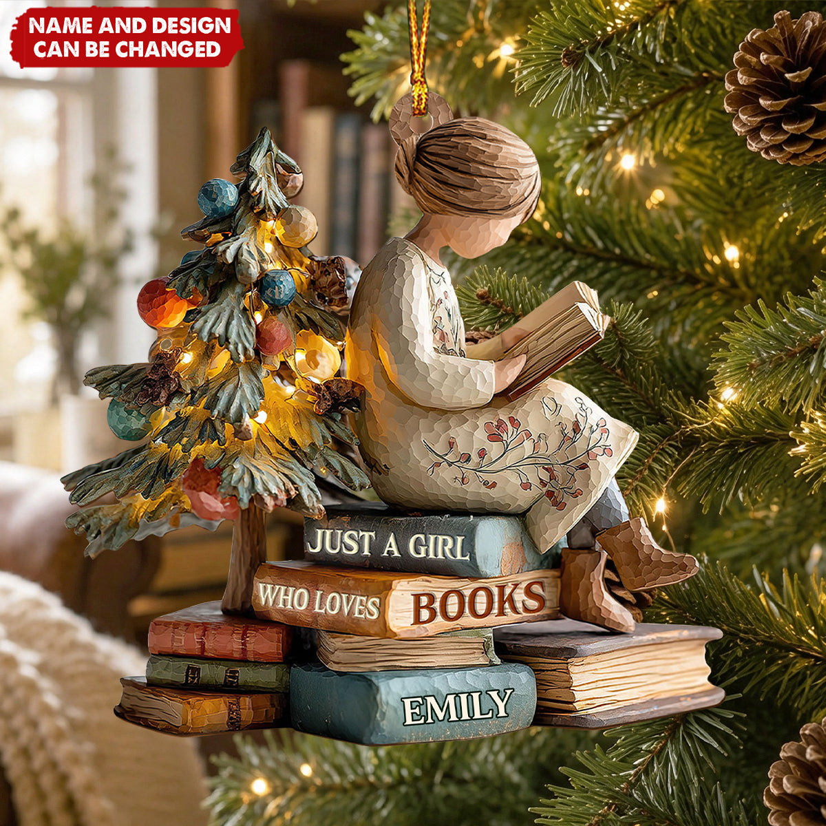 Personalized Book Lover Christmas Ornament, Girl Who Loves Books
