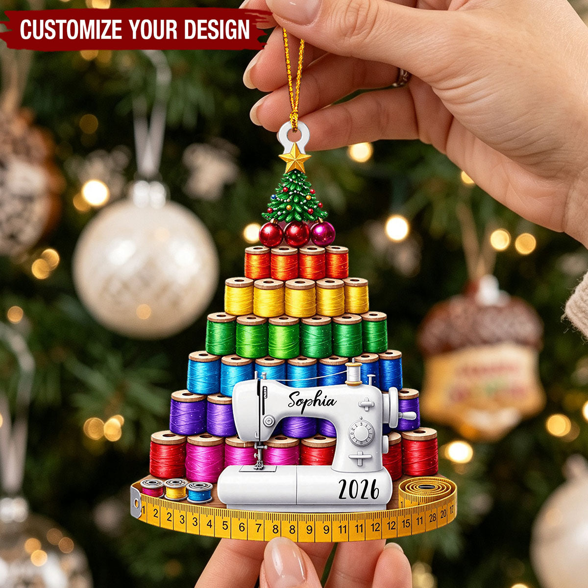 Personalized Acrylic Ornament, Sewing Thread Spool Christmas Tree Decor