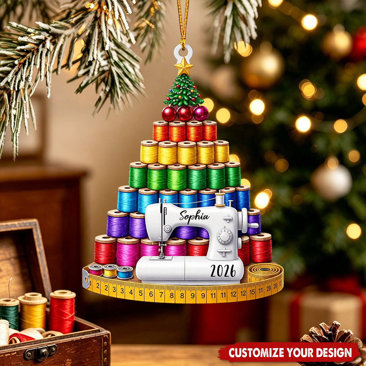Personalized Acrylic Ornament, Sewing Thread Spool Christmas Tree Decor