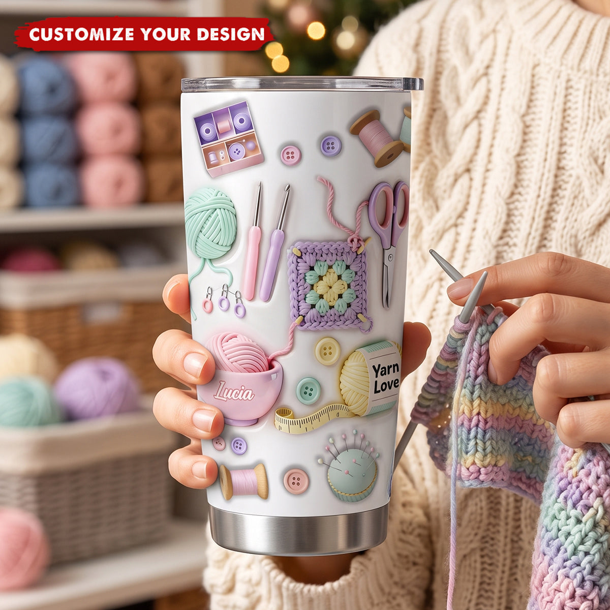 Personalized Crochet Tumbler, Gift for Yarn & Crochet Lovers, Sewing Gift for Mom