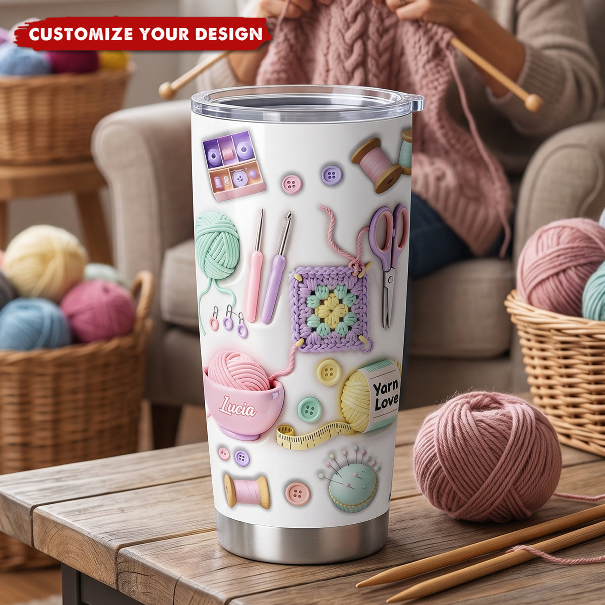 Personalized Crochet Tumbler, Gift for Yarn & Crochet Lovers, Sewing Gift for Mom