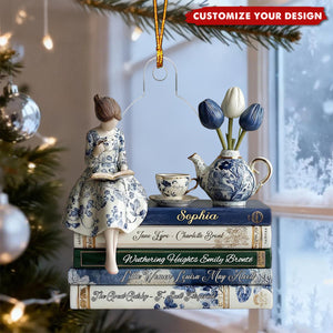 Custom Name Reading Girl Acrylic Ornament, Gift For Book Lovers