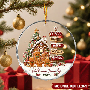 Personalized 2026 Family Glass Christmas Ornament - Custom Name Gingerbread Sign Post