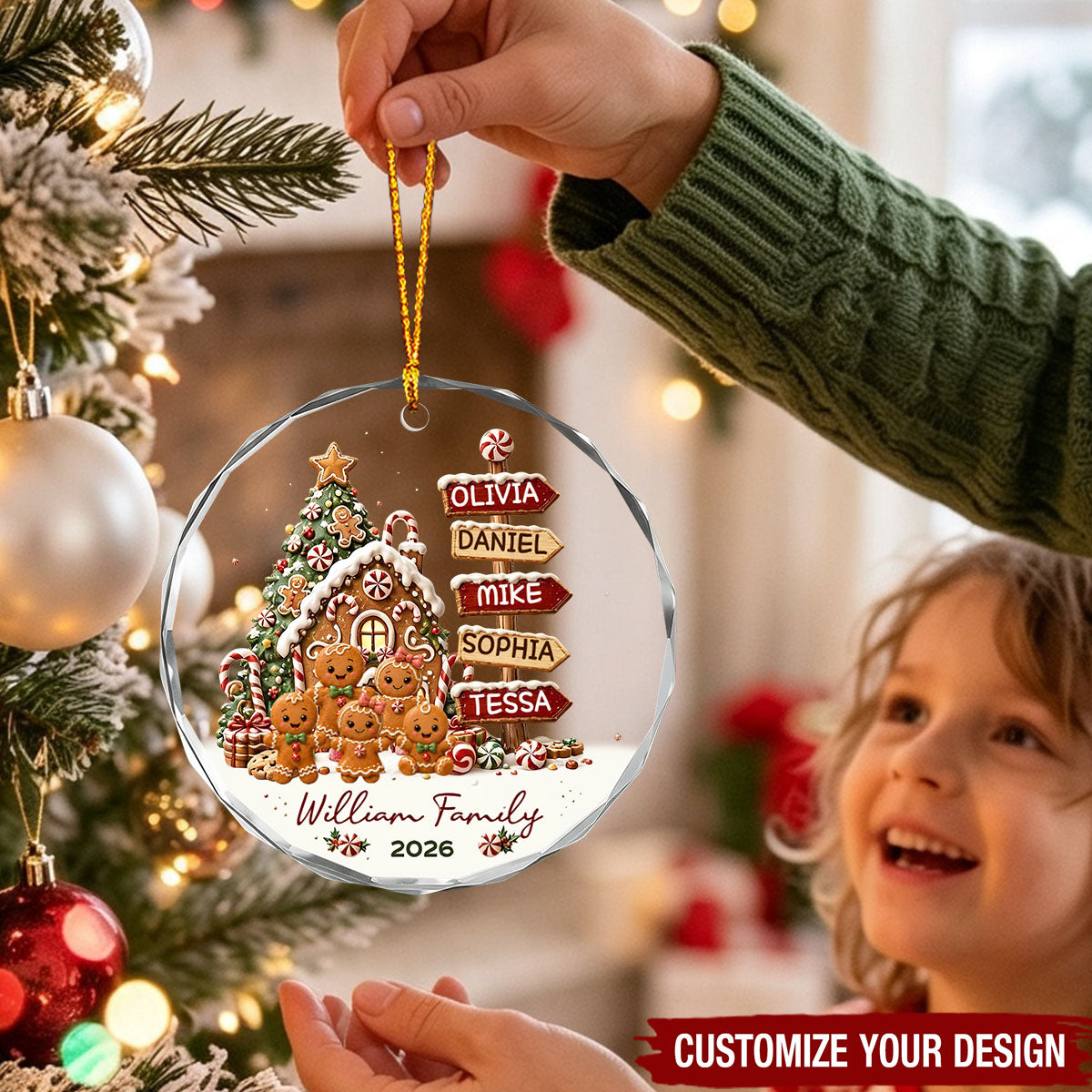 Personalized 2026 Family Glass Christmas Ornament - Custom Name Gingerbread Sign Post