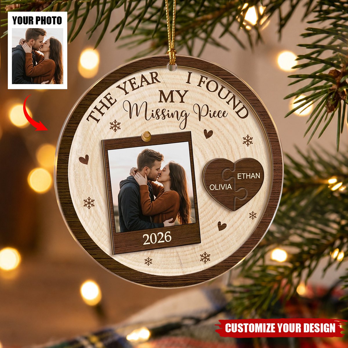 Personalized Acrylic Christmas Ornaments - Couple Photo Missing Piece Puzzle