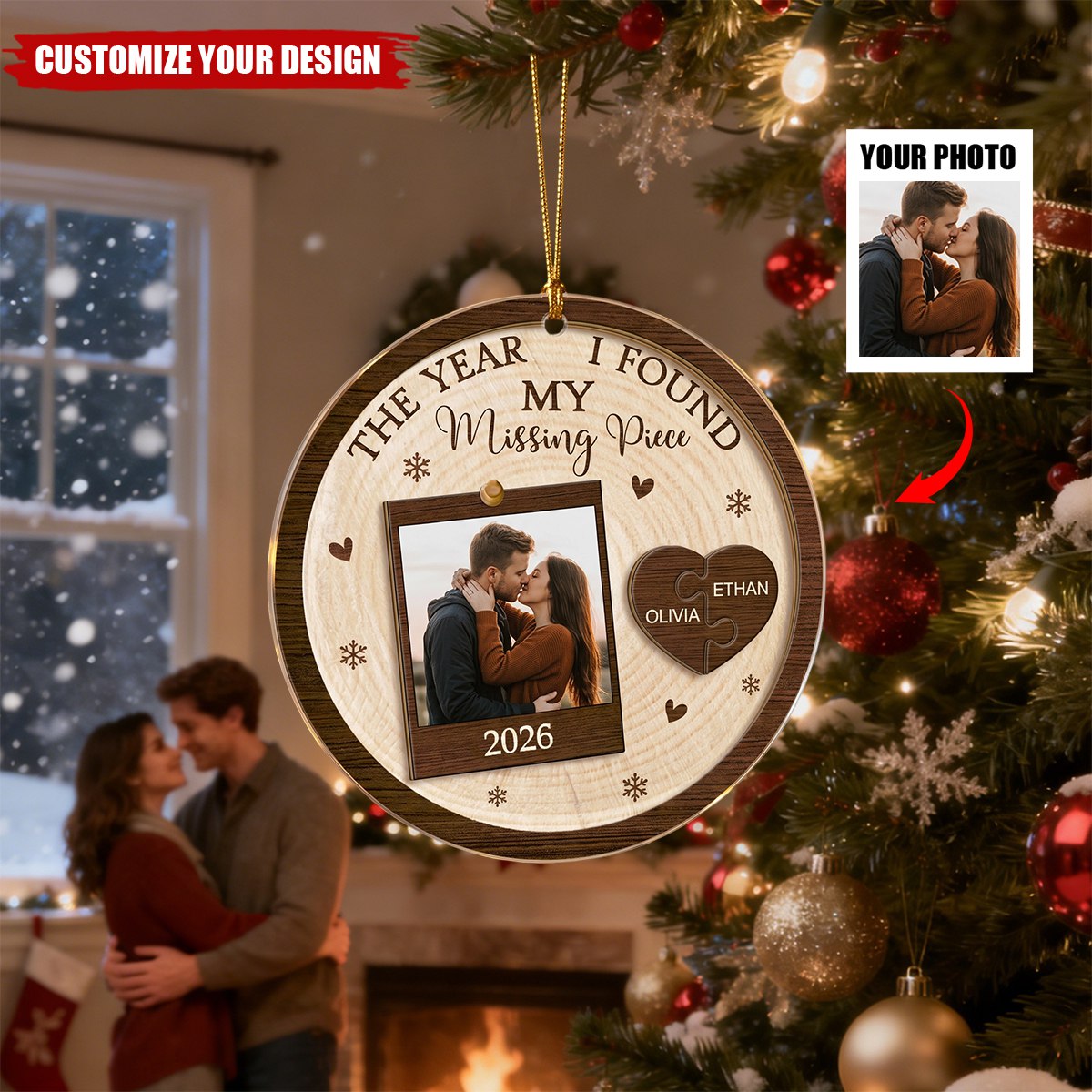 Personalized Acrylic Christmas Ornaments - Couple Photo Missing Piece Puzzle