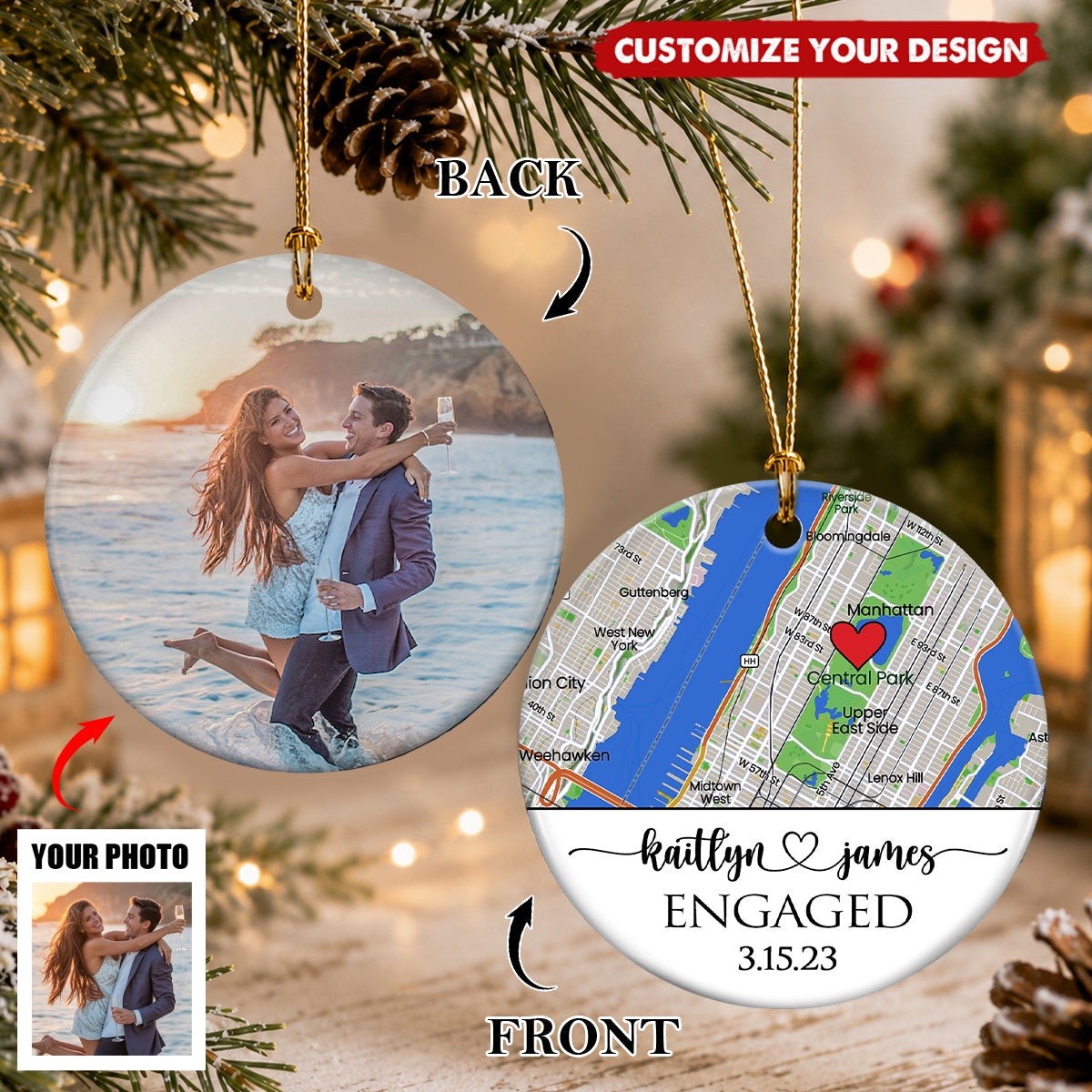 Personalized Ceramic Ornament - Custom Photo, Map & Location Engagement Gift for Couple