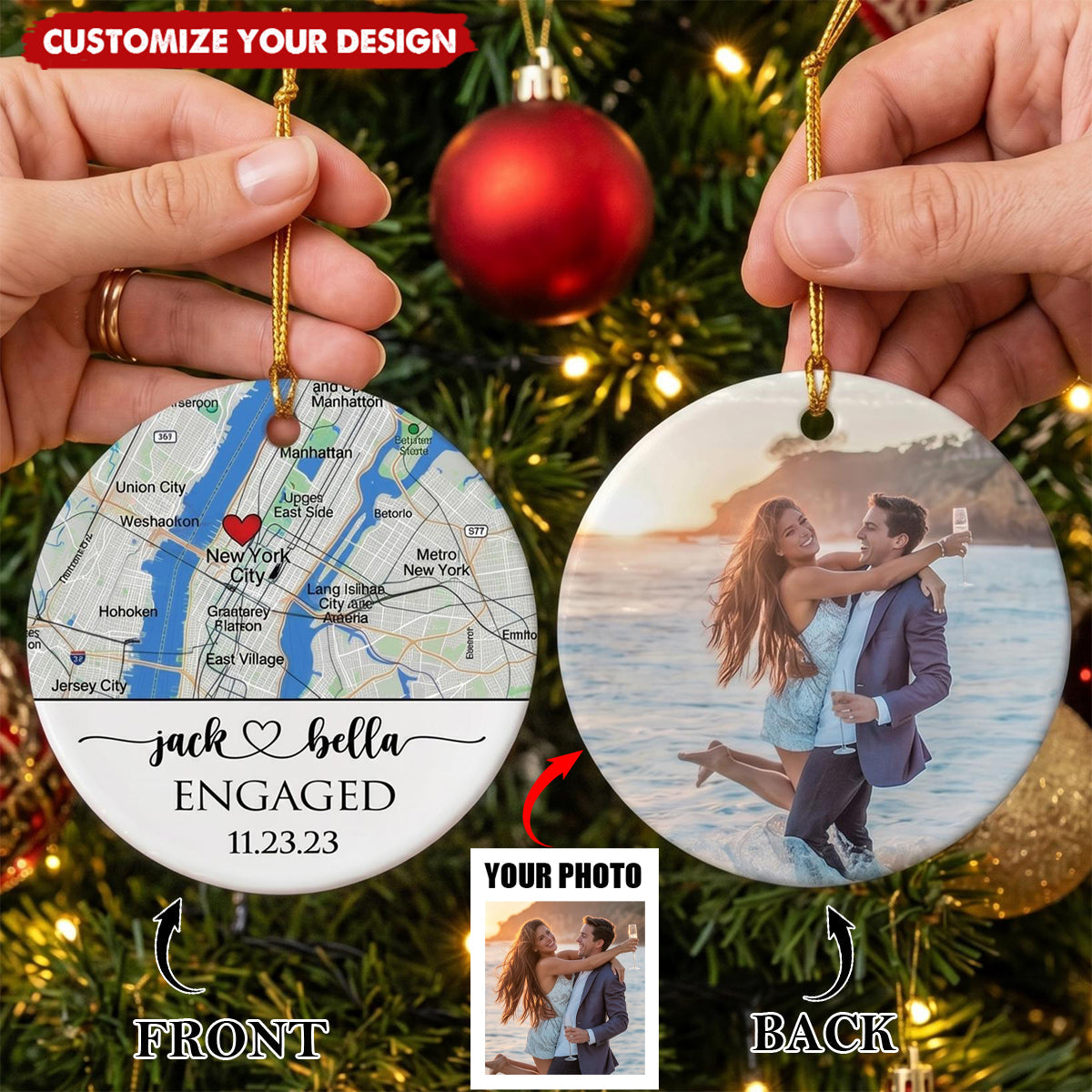 Personalized Ceramic Ornament - Custom Photo, Map & Location Engagement Gift for Couple