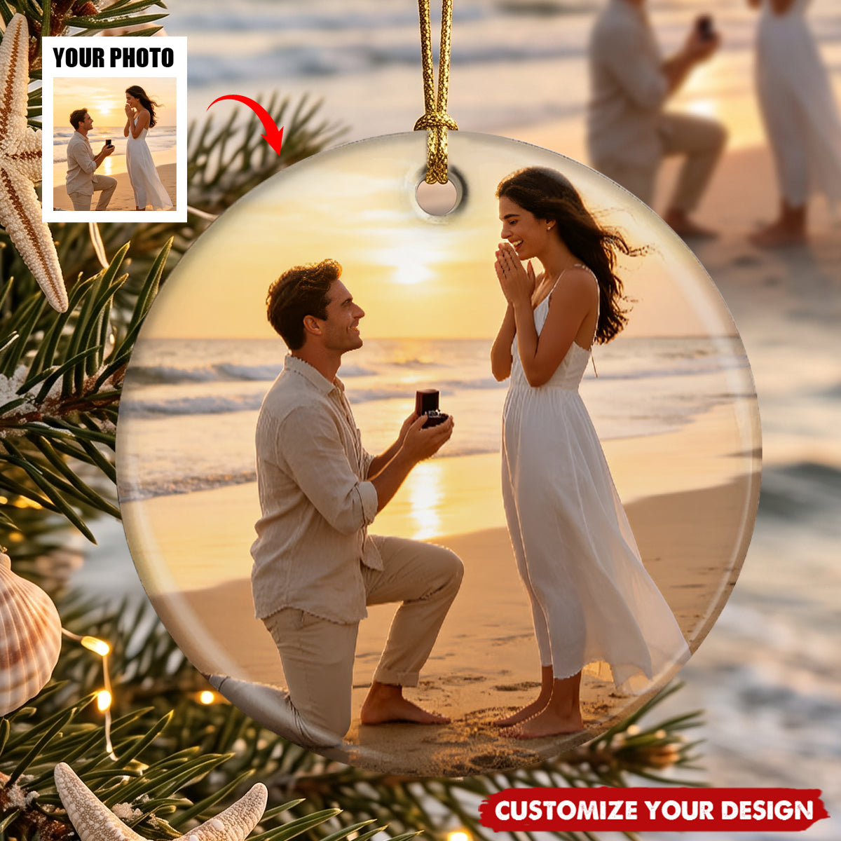 Personalized Ceramic Ornament - Custom Photo, Map & Location Engagement Gift for Couple