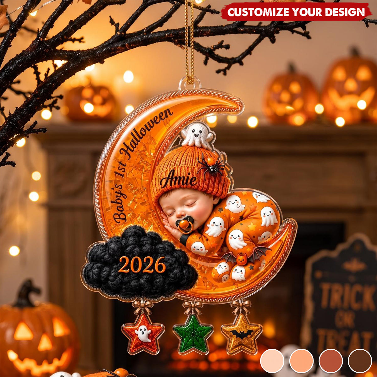 Baby Sleep On The Moon - Personalized Baby First Halloween Acrylic Ornament