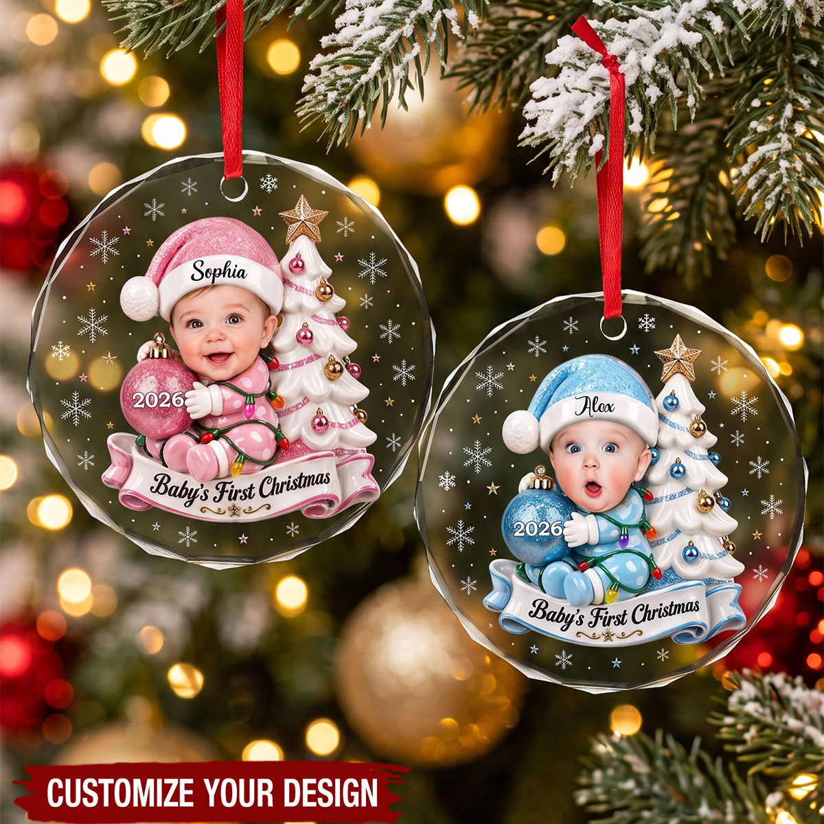 Personalized Baby's First Christmas Glass Ornament, Custom Photo 2026 Souvenir for Newborn