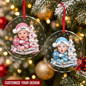 Personalized Baby's First Christmas Glass Ornament, Custom Photo 2026 Souvenir for Newborn