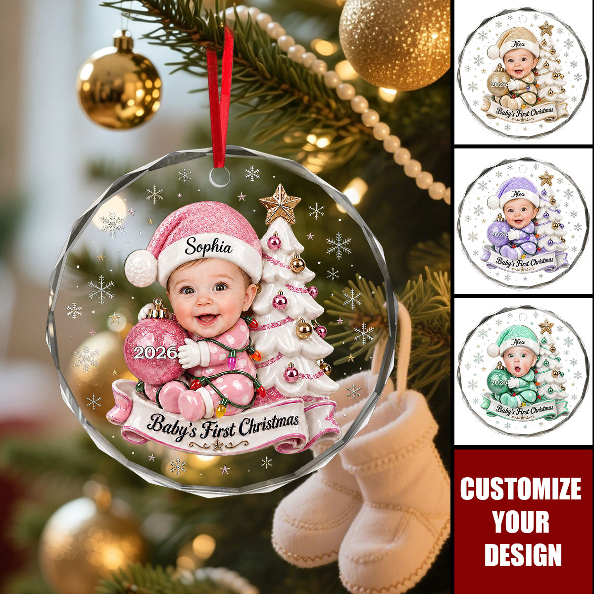 Personalized Baby's First Christmas Glass Ornament, Custom Photo 2026 Souvenir for Newborn