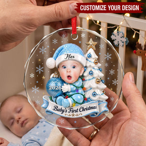 Personalized Baby's First Christmas Glass Ornament, Custom Photo 2026 Souvenir for Newborn