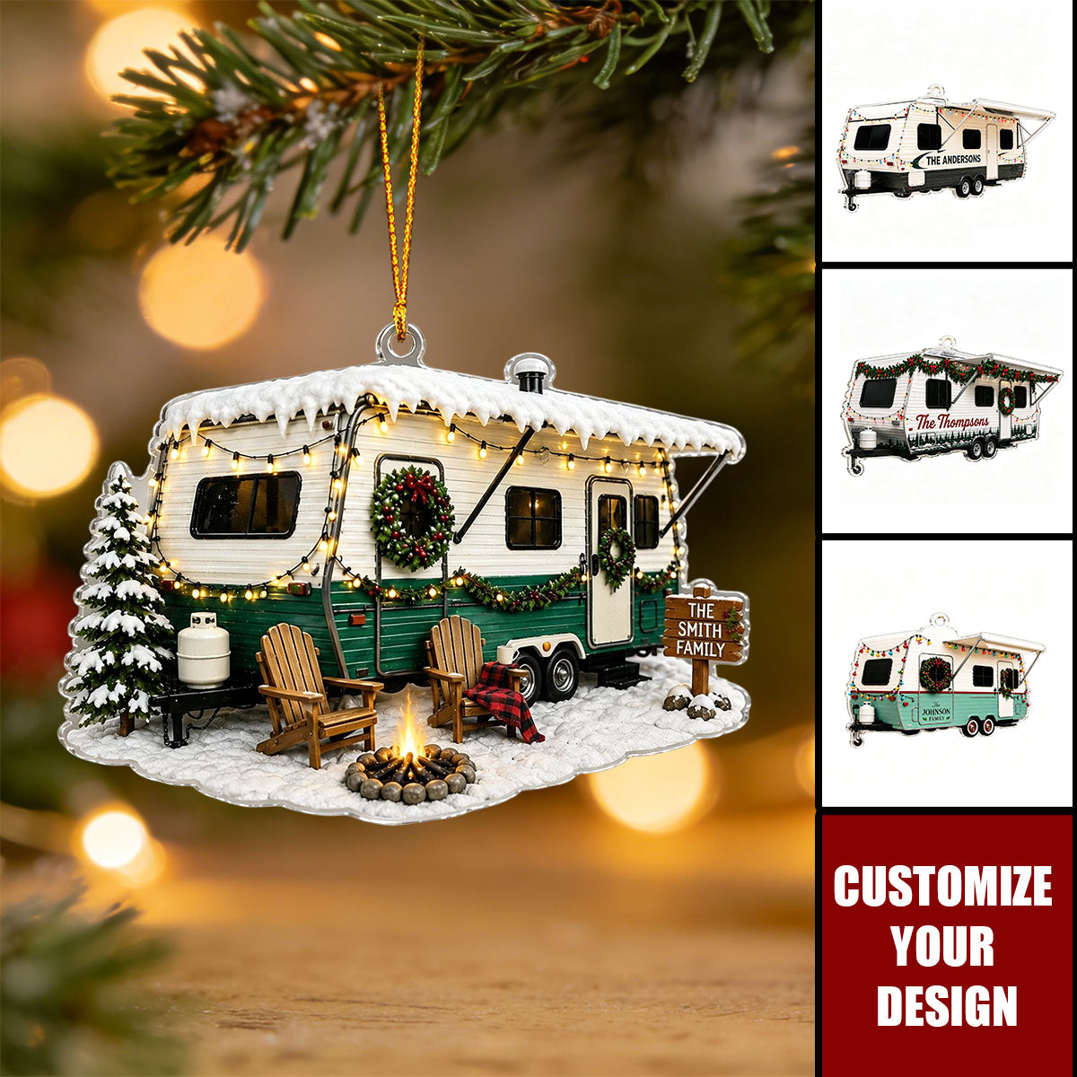 Personalized Camping Trailer Acrylic Ornament, Custom Christmas RV Family Gift