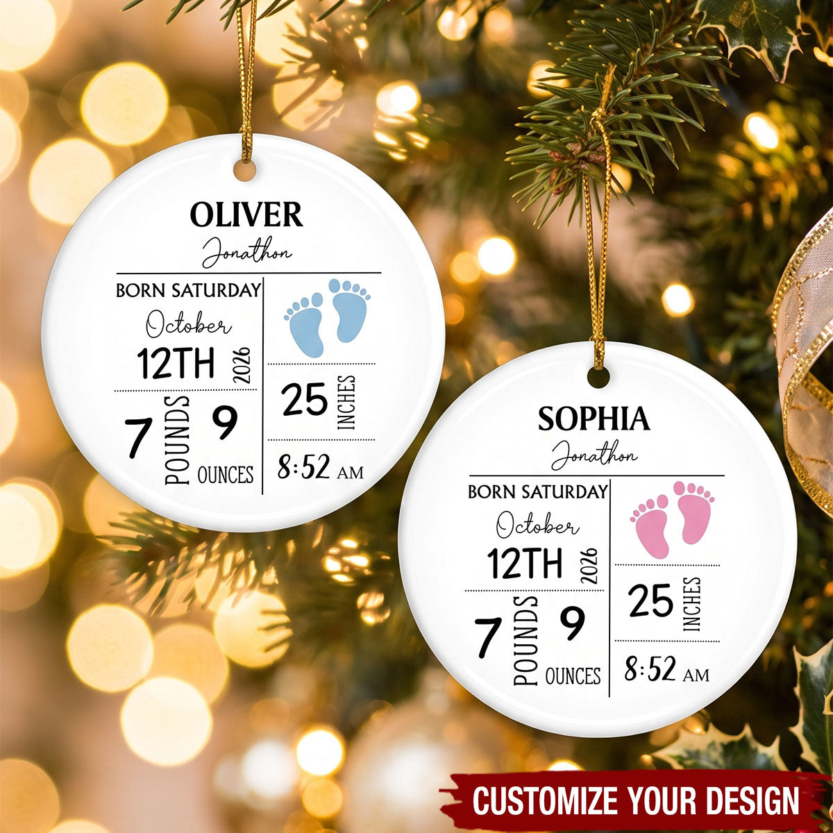 Personalized Baby Birth Stats Ceramic Ornament ‑ Custom Newborn Memory Souvenir Gift