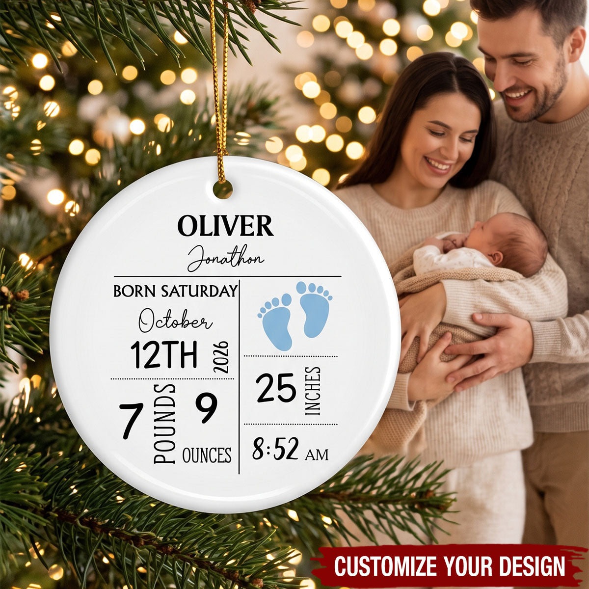 Personalized Baby Birth Stats Ceramic Ornament ‑ Custom Newborn Memory Souvenir Gift